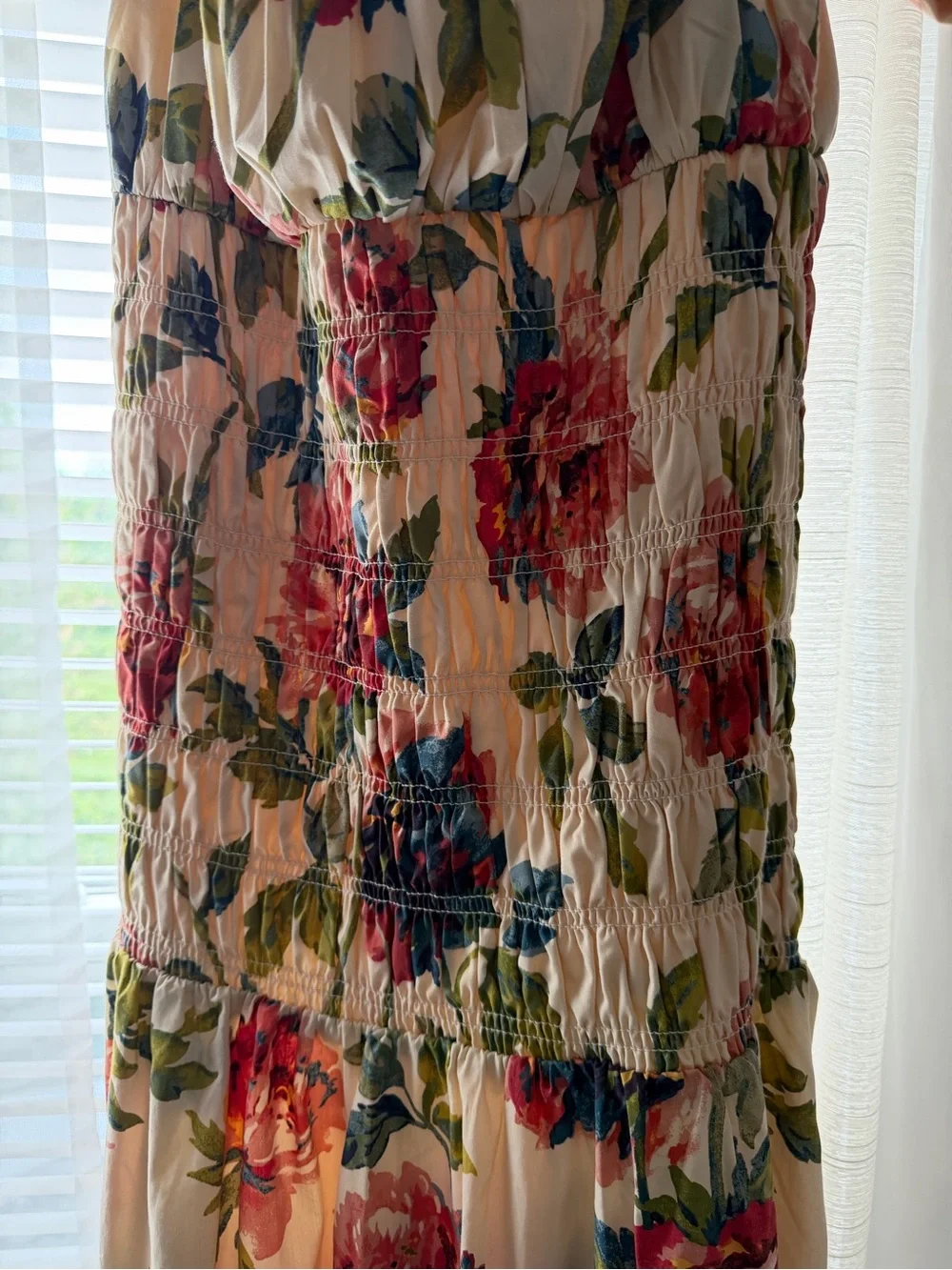 Abercrombie Floral Puff-Sleeve Midi Dress in Cream and Pink